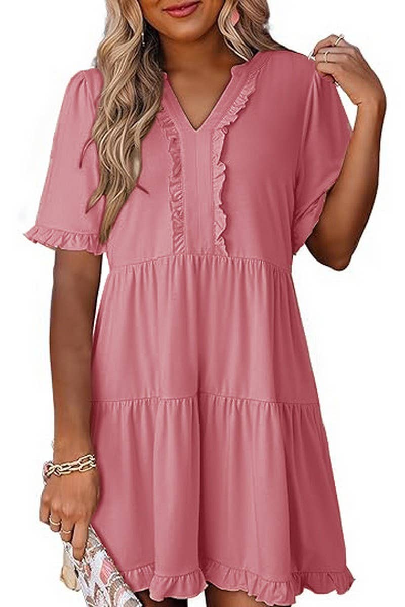 CWDSD8780_V-NECK SHORT-SLEEVED CASUAL A-LINE RUFFLED MINI DR