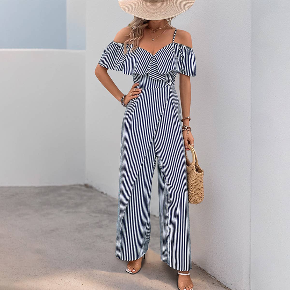 Long, wide-leg rompers with striped straps