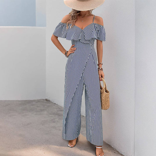 Long, wide-leg rompers with striped straps