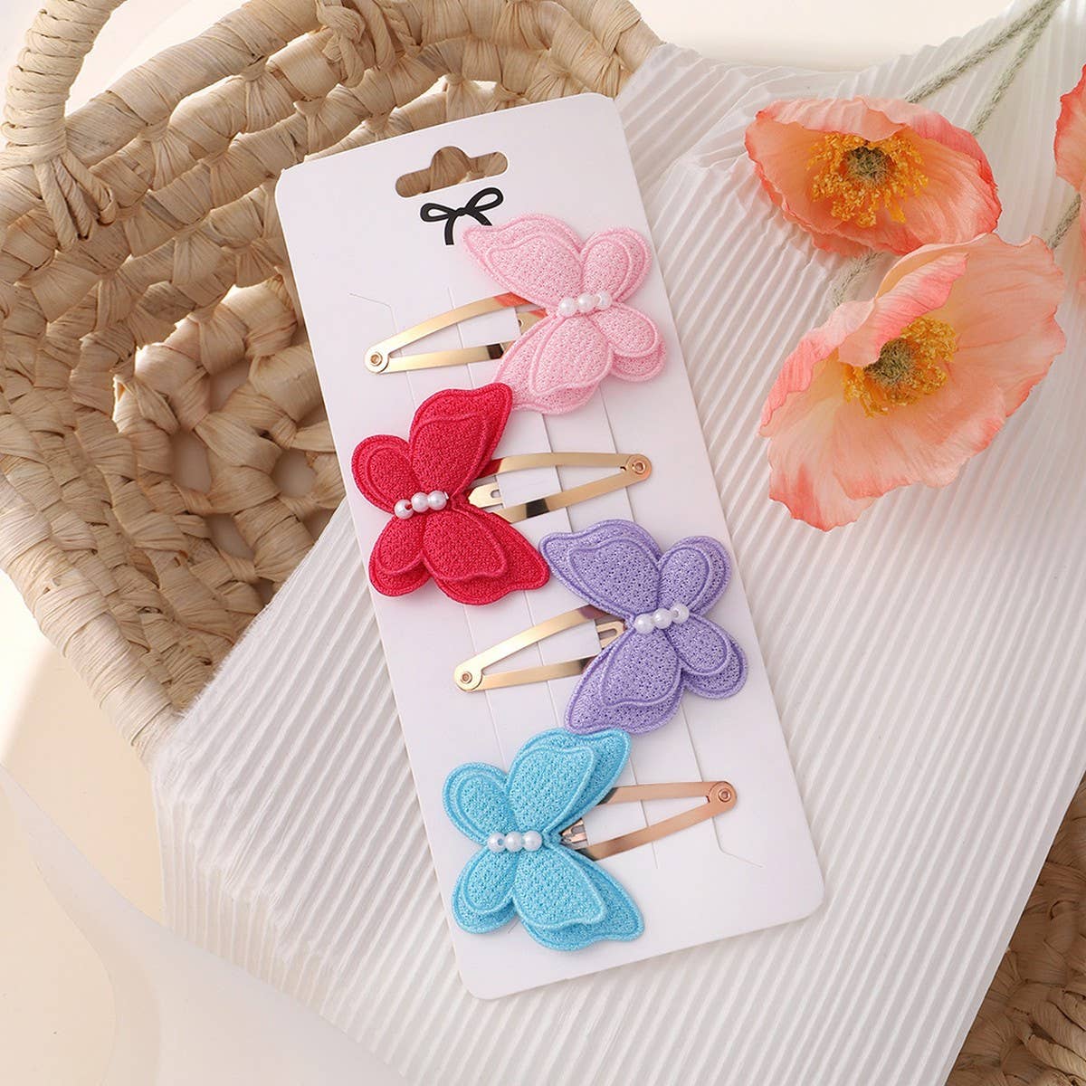 Double-Layer Pearl Bow Hair Clip Set for Kids