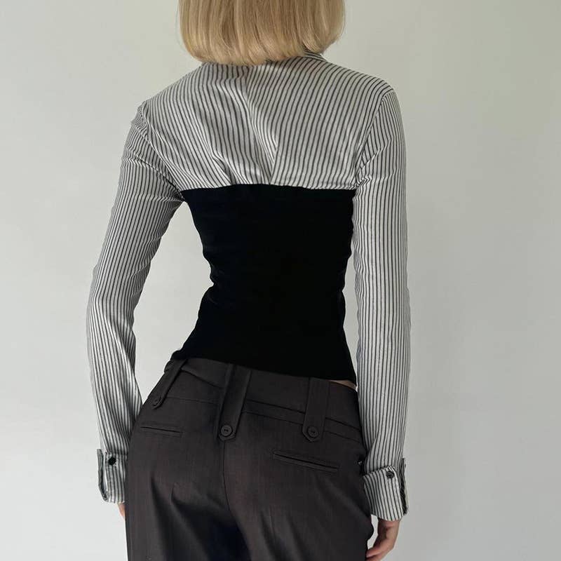 WAIST SLIM-FIT LAPEL COLOR STRIPED SHIRT