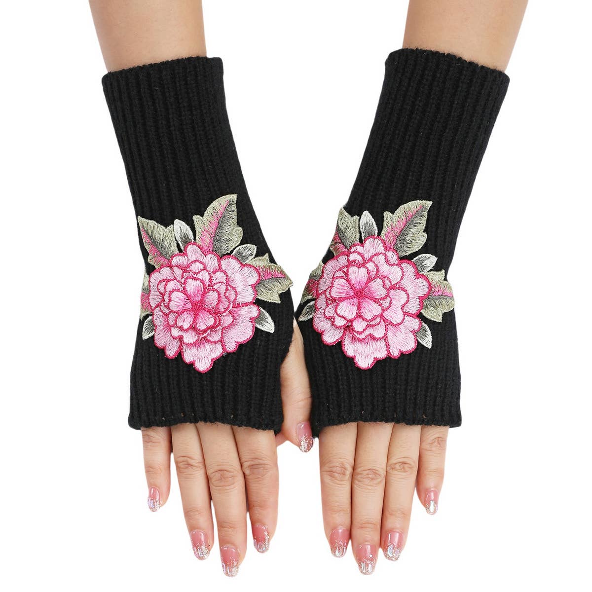 FLOWER WARM KNITTED WOOL GLOVES AND SLEEVES_CWAG0109