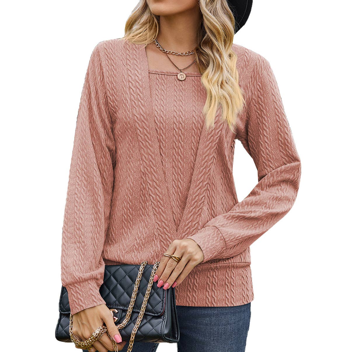 SQUARE NECK CROSS LONG SLEEVE LOOSE T-SHIRT