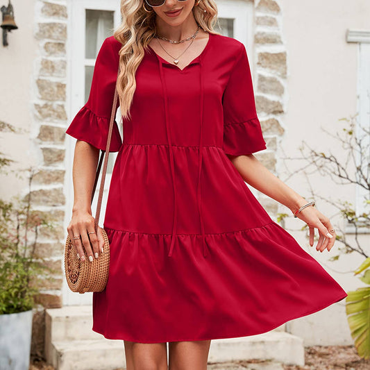 LACE-UP BOHEMIAN MINI DRESS WITH LOTUS SLEEVES