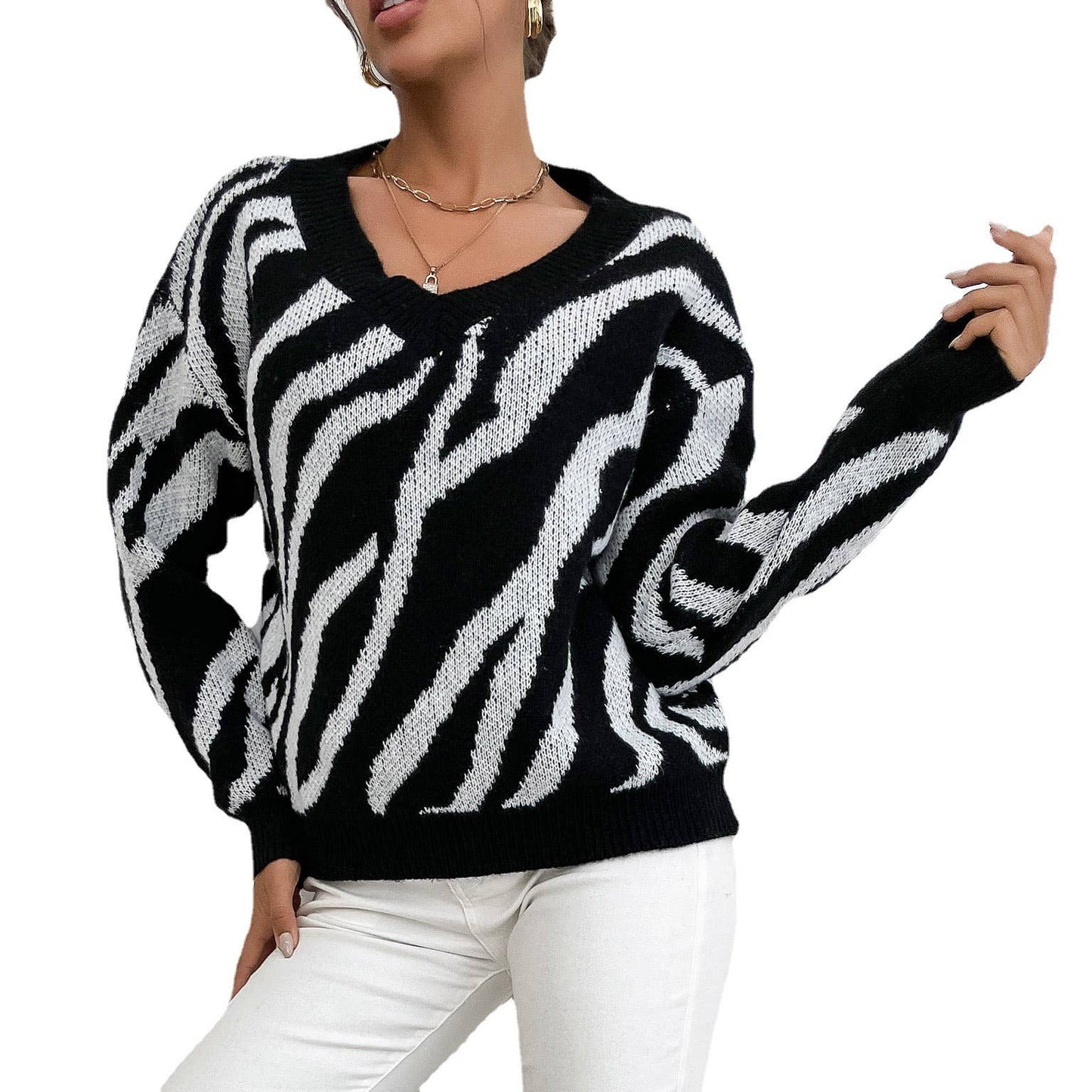 STYLISH ZEBRA-PRINT WARM THICK KNIT SWEATER