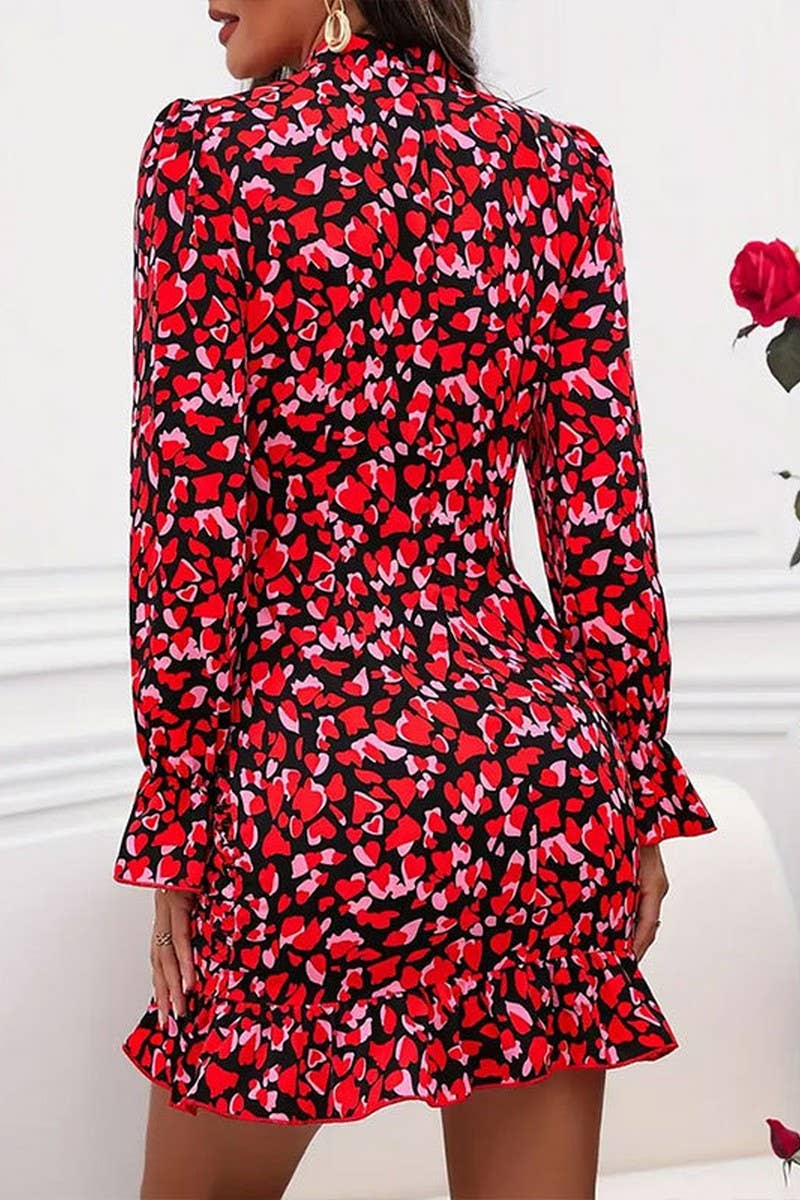 CWDSD7409_STAND COLLAR RUFFLED PRINT LONG SLEEVE DRESS