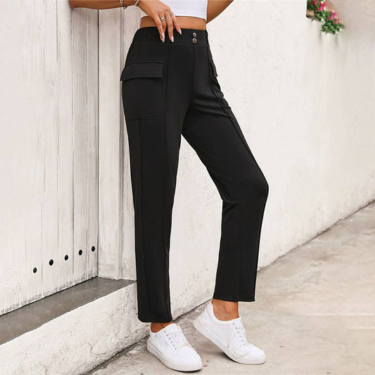 HIGH-WAISTED KNIT BUTTON-UP CASUAL PANTS