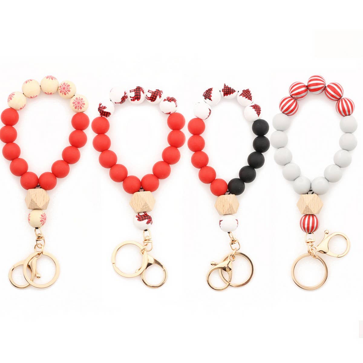 Christmas Wood Bead Bracelet with Silicone Keychain