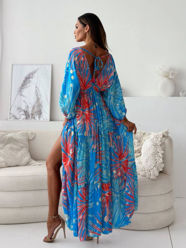 Sexy deep V abstract big floral print split dress