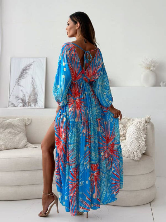 Sexy deep V abstract big floral print split dress