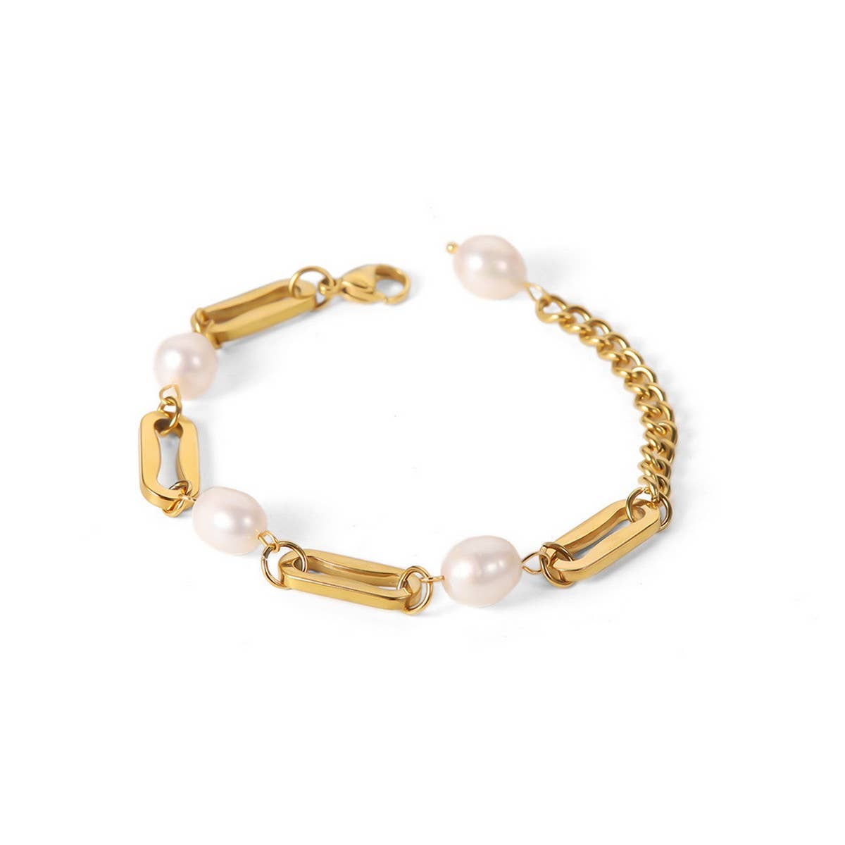 Vintage 18K Gold Pearl Geometric Chain Bracelet