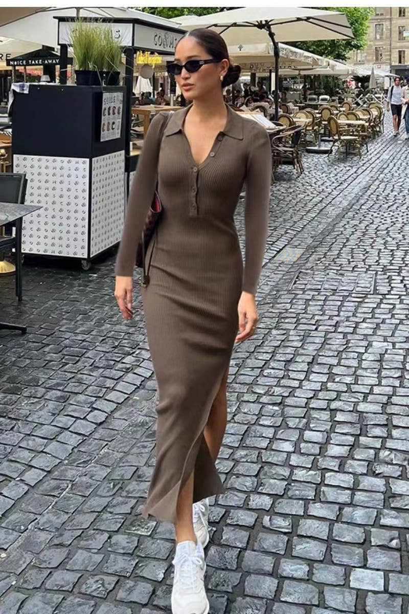 CWDMD4903_SLIM FIT POLO NECK RIBBED LONG SLEEVE SLIT DRESS