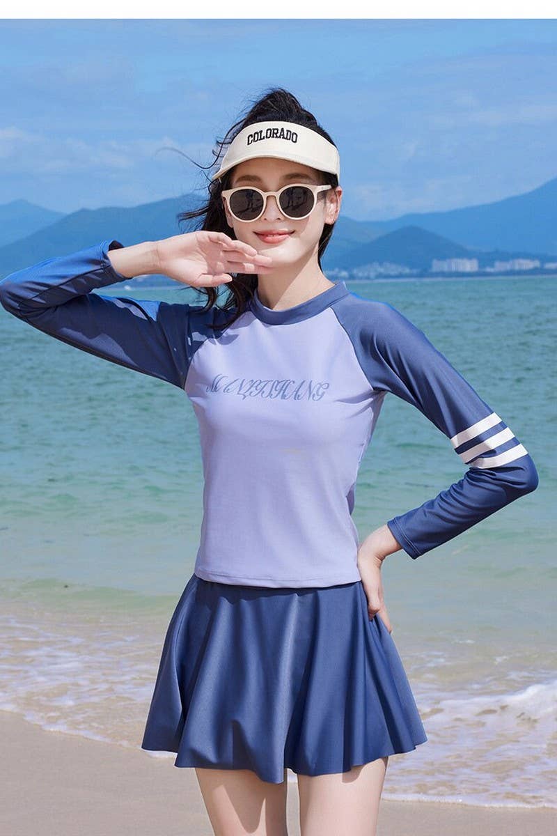 CWMW0859_LONG SLEEVE SHORT SKIRT TWO PIECE SWIMSUIT