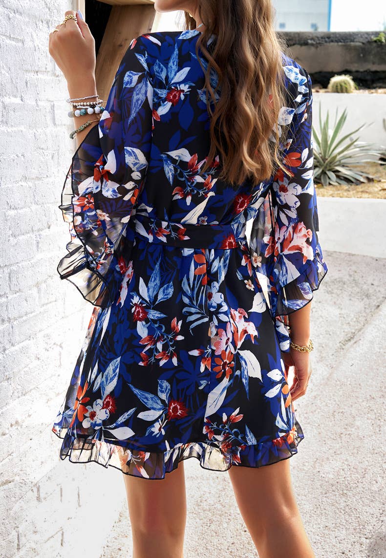 Vacation Floral Tie Waist Chiffon Short Dress