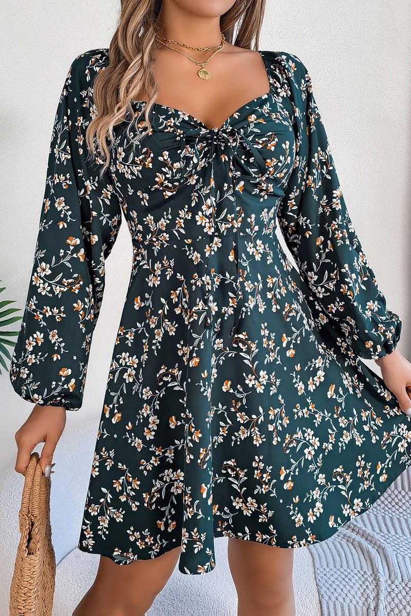 CWDSD7221_CASUAL SQUARE NECK FLORAL LONG SLEEVE A-LINE DRESS
