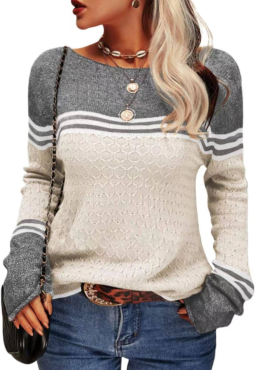 STYLISH CREW-NECK SWEATER WITH STRIPES AND COLORS