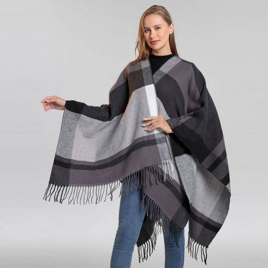 FRINGED SLIT SHAWL PLAID SCARF WARM CAPE