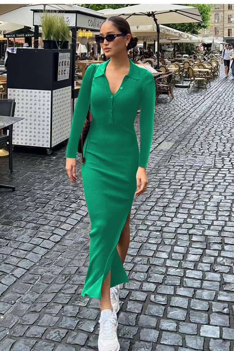 CWDMD4903_SLIM FIT POLO NECK RIBBED LONG SLEEVE SLIT DRESS