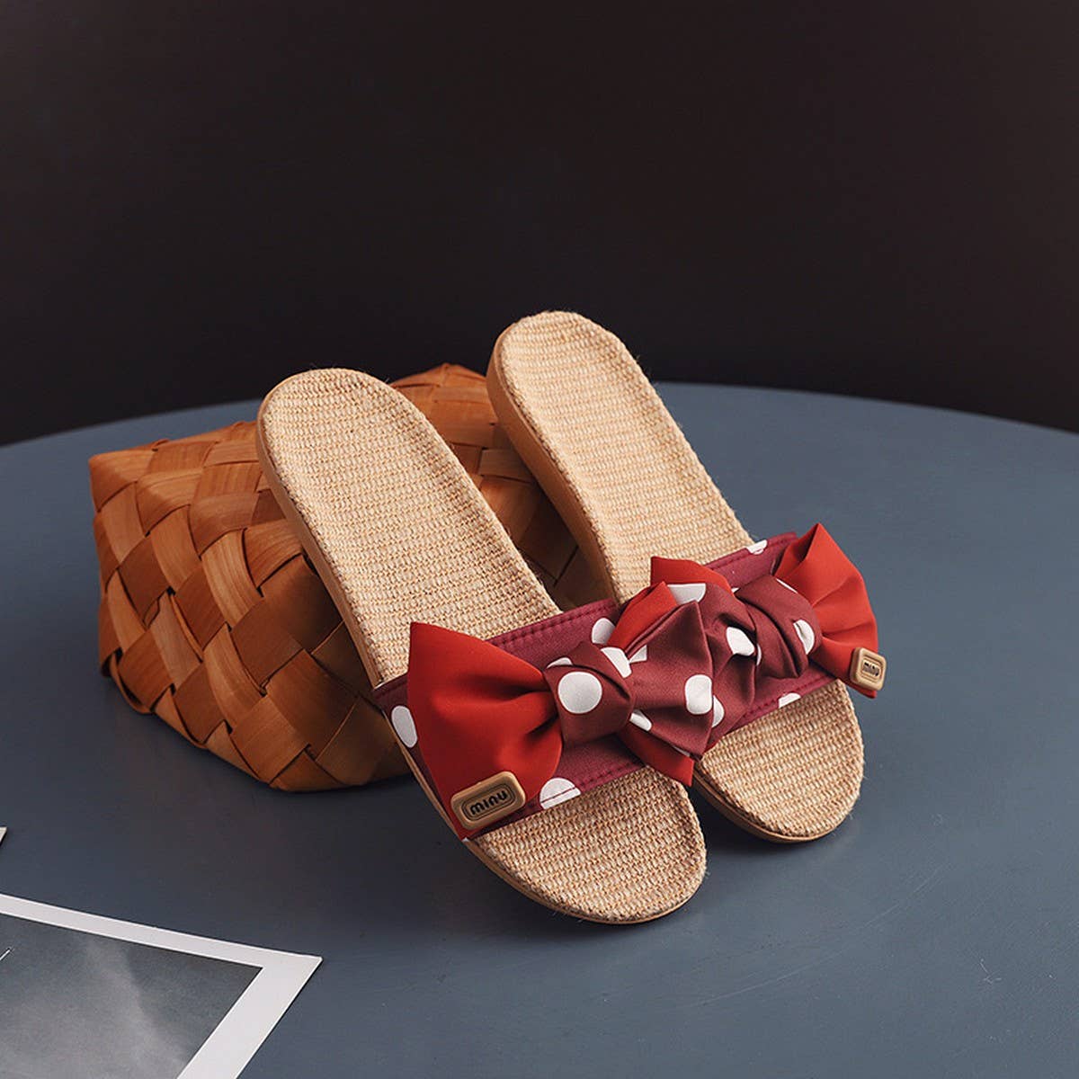 Polka Dot Linen Bow Slippers Soft Sole Non-Slip_CWSHF0185