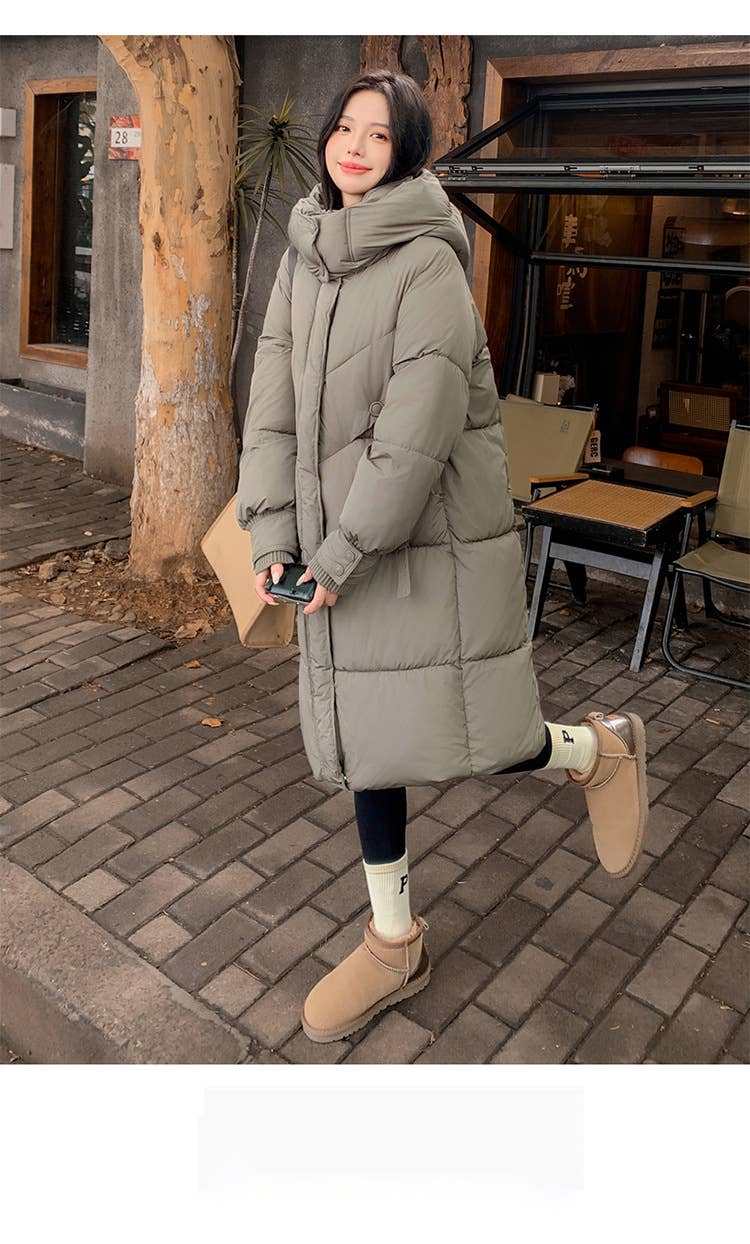 Warm hooded thick long pure color quilted jacket