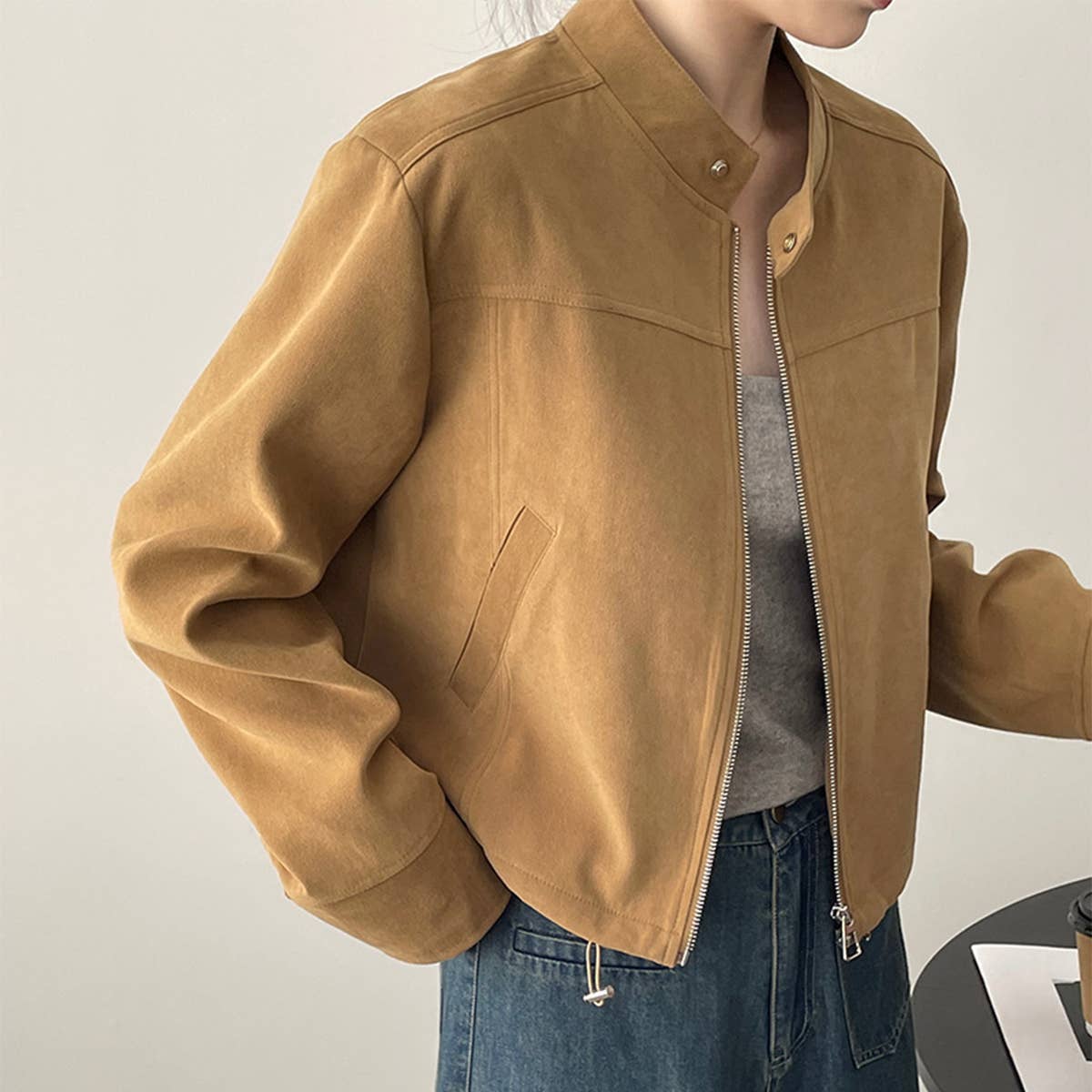 Vintage stand-up collar suede short jacket