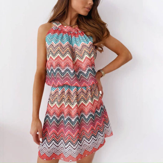 WAVE PRINT SLEEVELESS SHORT FASHION DRESS