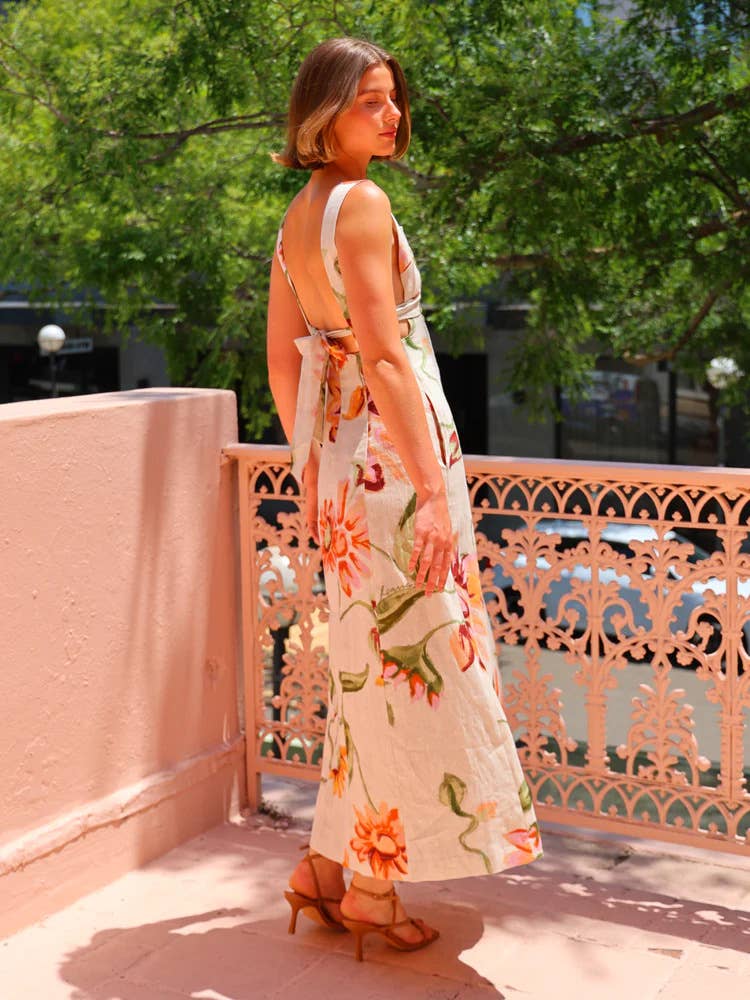 Backless long halter dress in holiday print