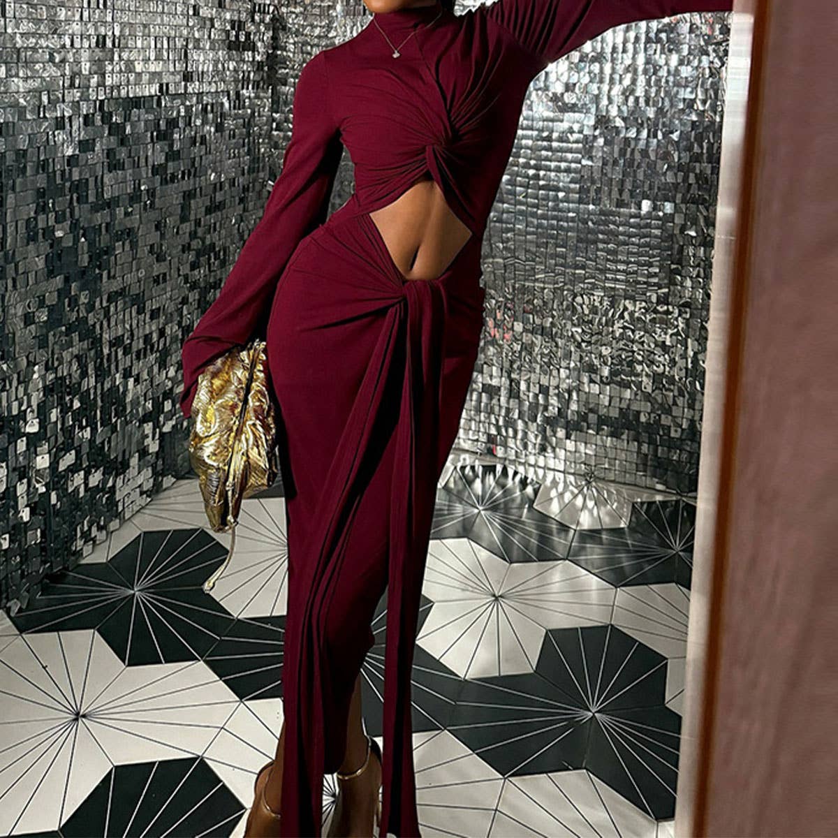 SEXY CUTOUT DRESS WITH LONG SLEEVES AND HIGH NECK