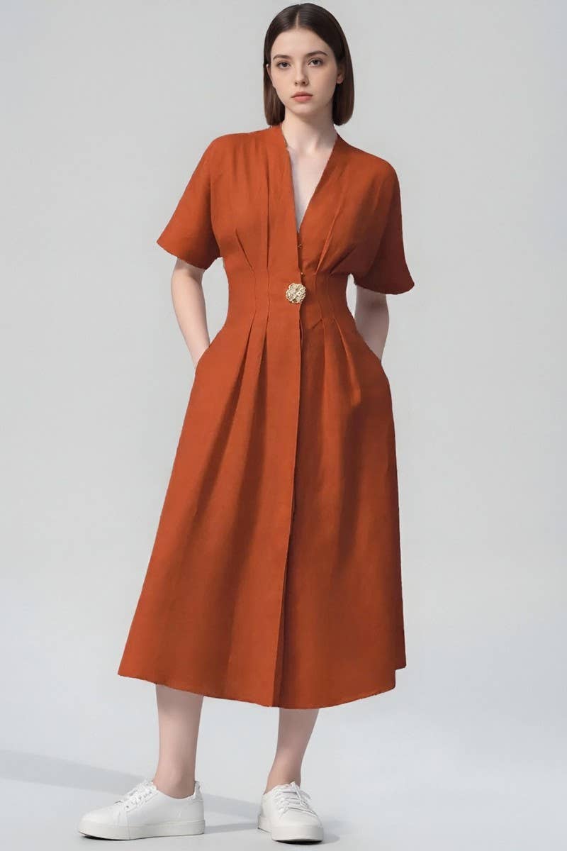 CWDMD6412_V-NECK BUTTON FRONT SPLIT HEM SHIRT DRESS