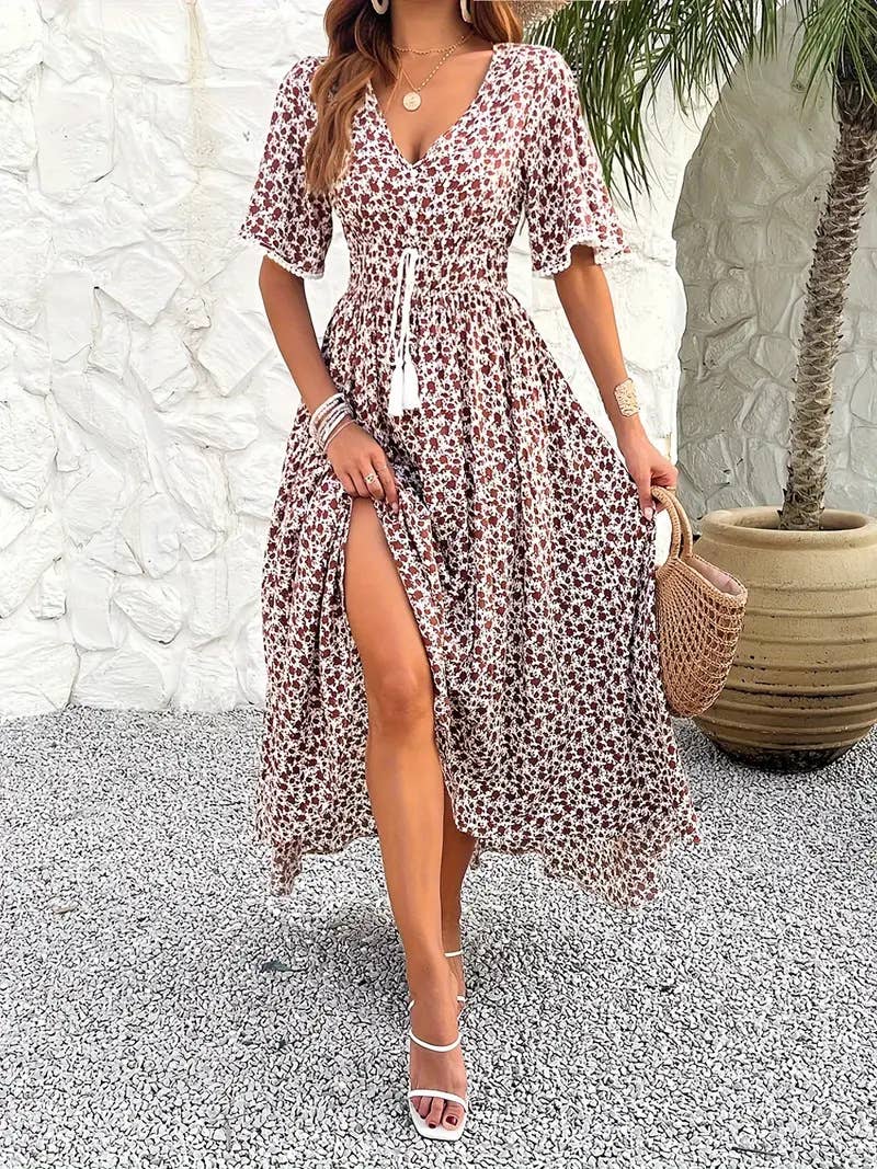 V-neck high-waisted elegant printed dress