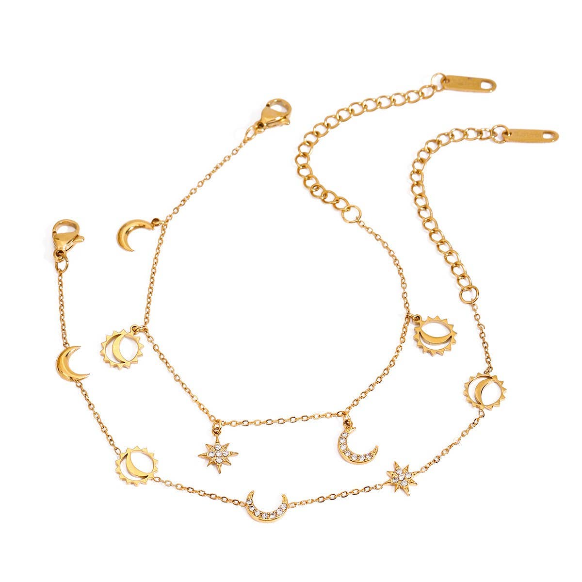 18K Gold Moon & Star Tassel Bracelet with Crystals_CWAJE4662