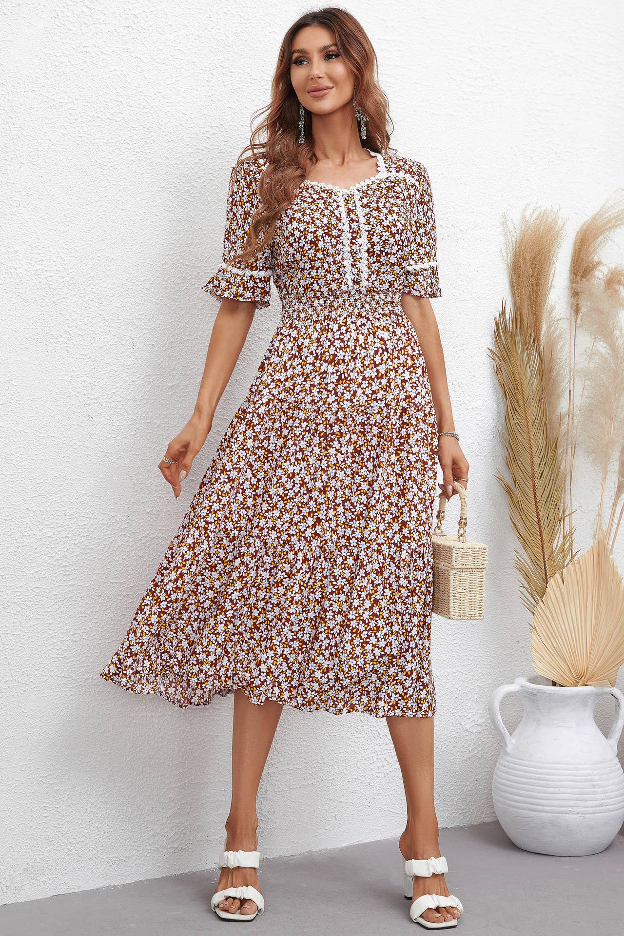 Stylish print square collar waist dress