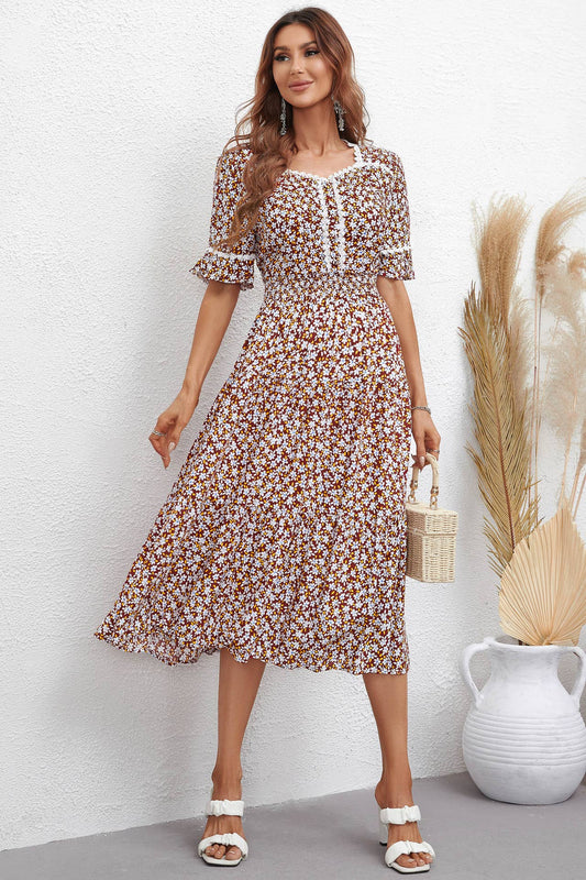 Stylish print square collar waist dress