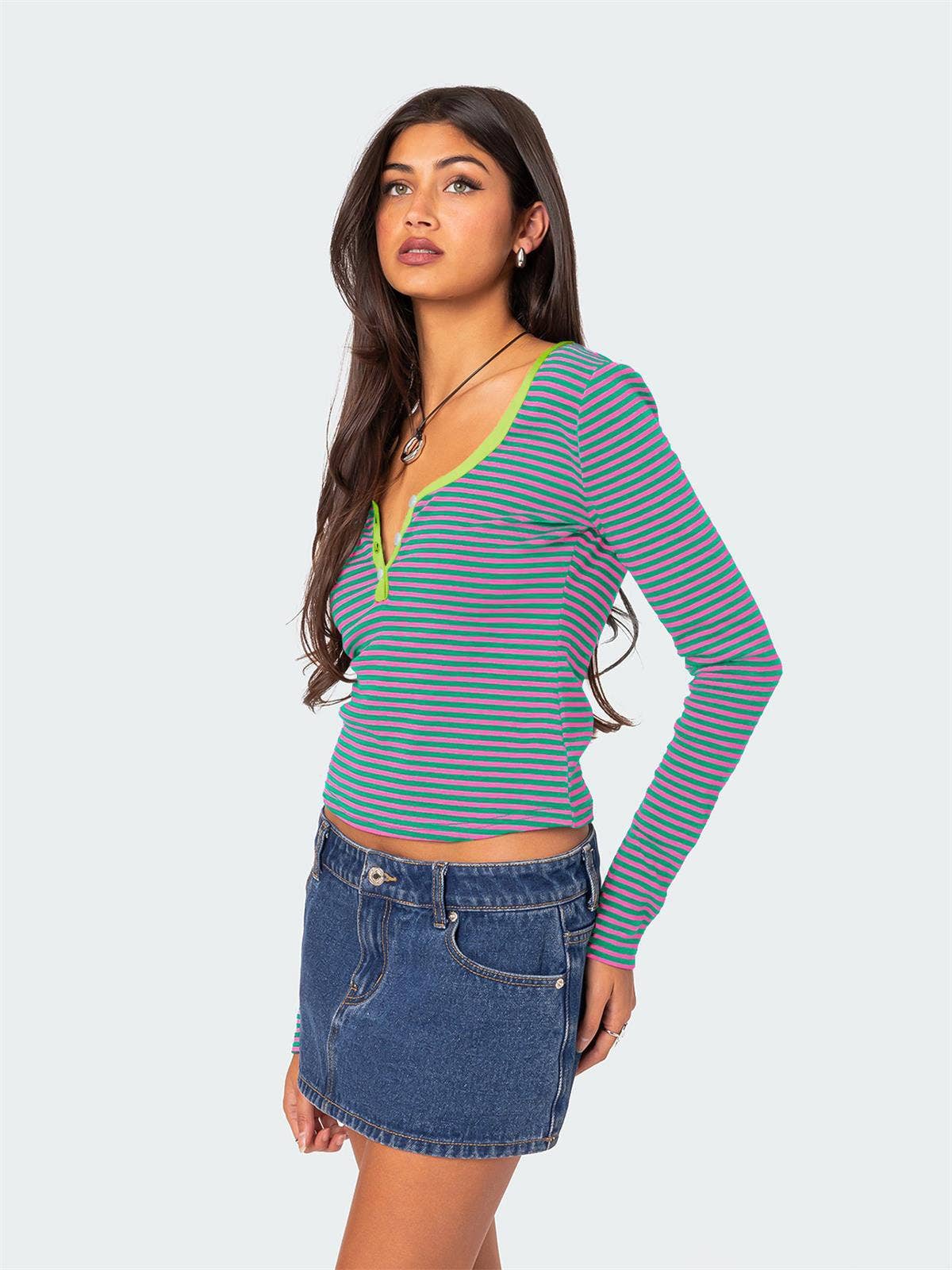 STRIPED COLOR CONTRAST KNIT BUTTON COTTON T-SHIRT