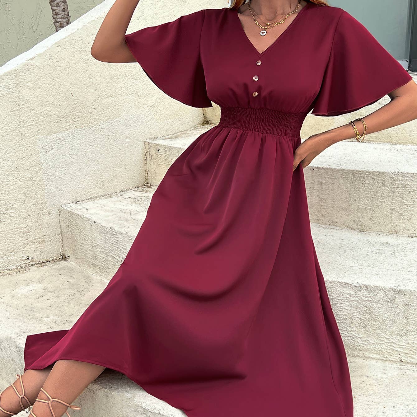 WAISTLINE TEMPERAMENT V-NECK DRESS