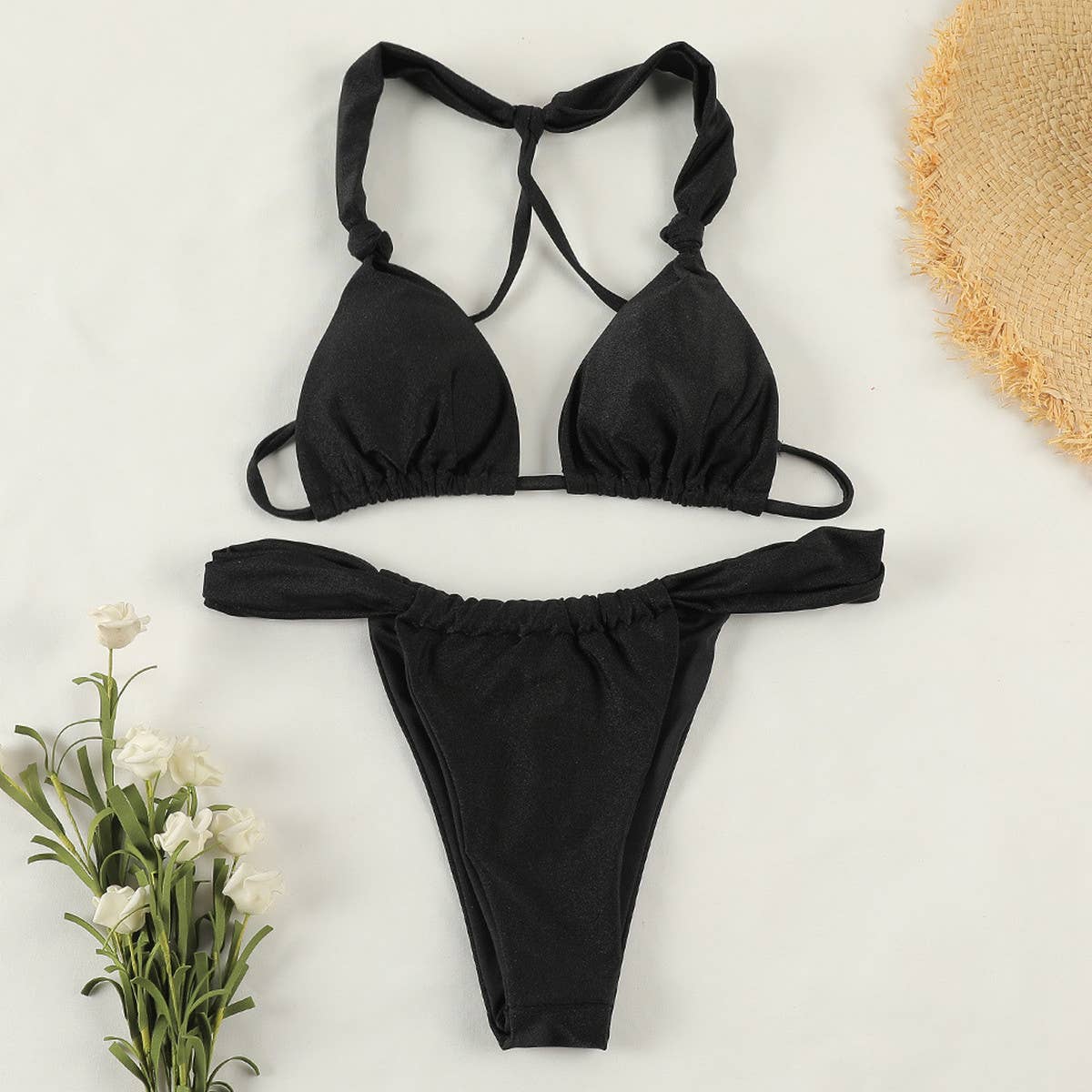 Solid Color Knotted Bikini - Sexy Backless Swimwear_CWMW0260