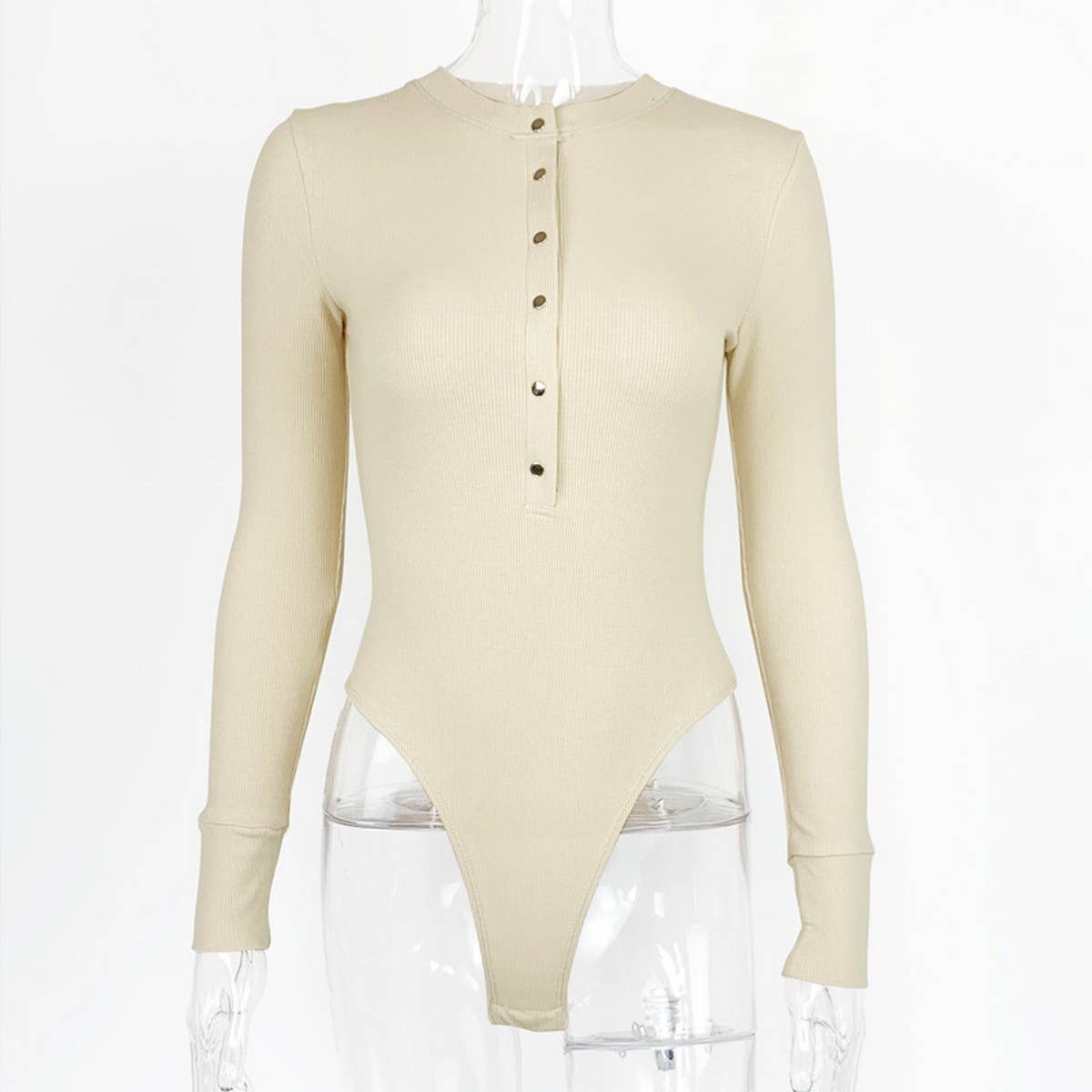 BUTTON COLLAR RIBBED LONG SLEEVED BODYSUIT_CWSBSL0043
