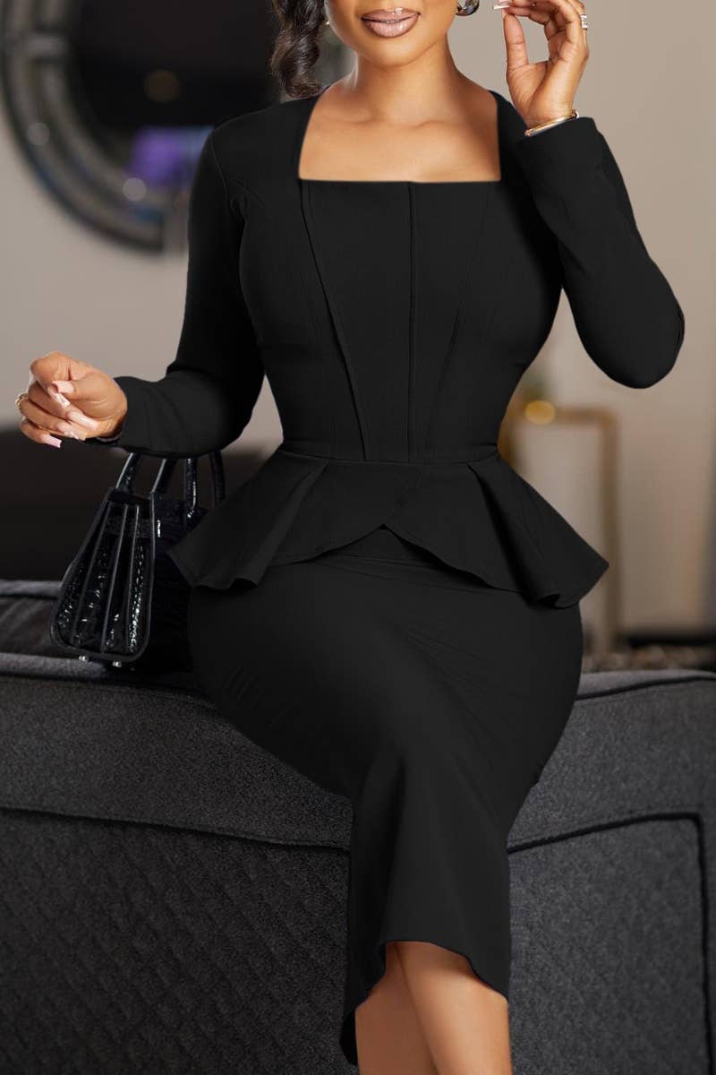 CWDSD6393_SQUARE NECK LONG SLEEVE PEPLUM DRESS SHORT