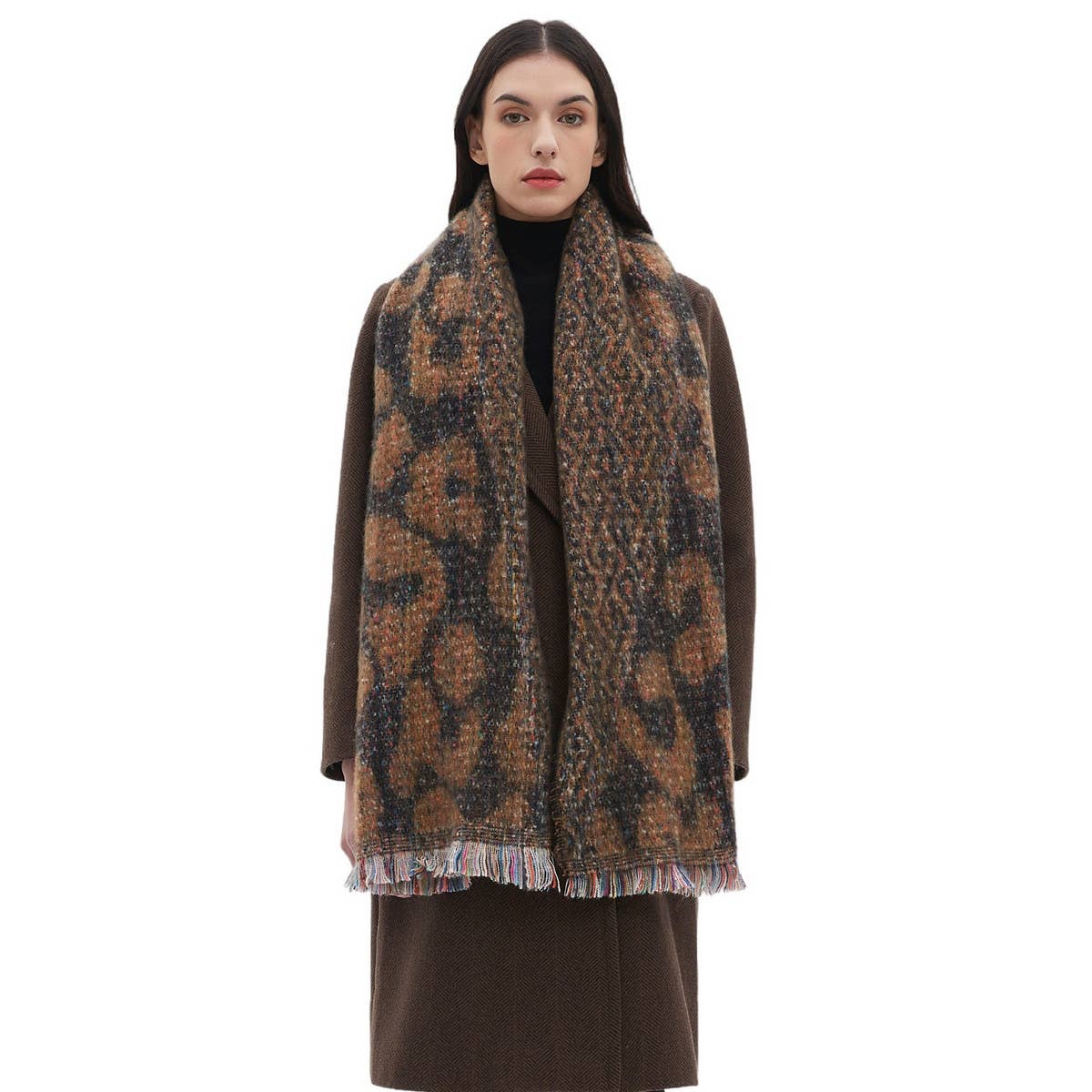 Leopard Jacquard Scarf ? Fringe Winter Wrap