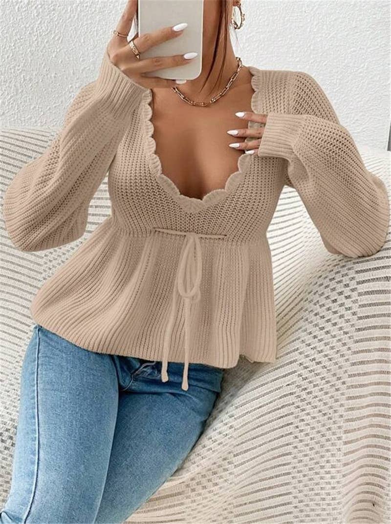 V-neck drawstring tie ruffled hem knit sweater