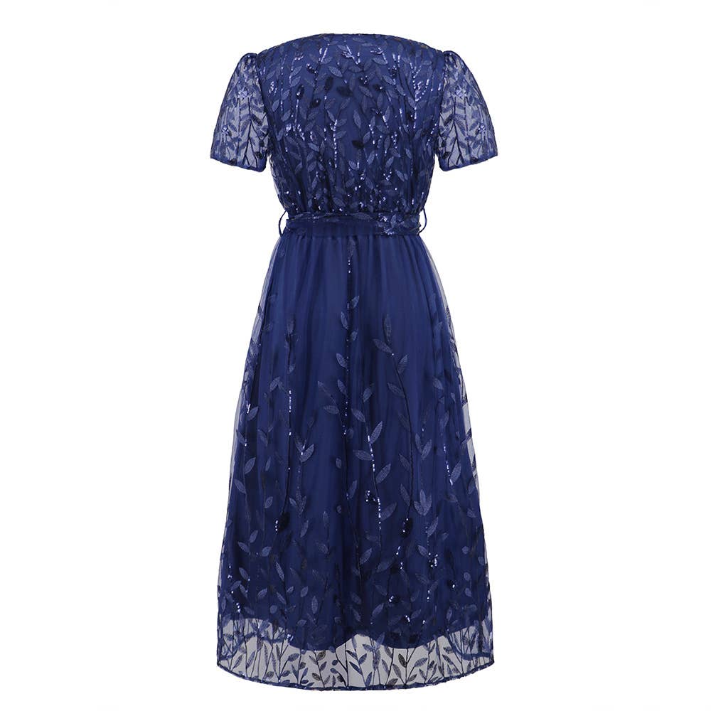 Embroidered Metallic Mesh V-Neck Midi Dress