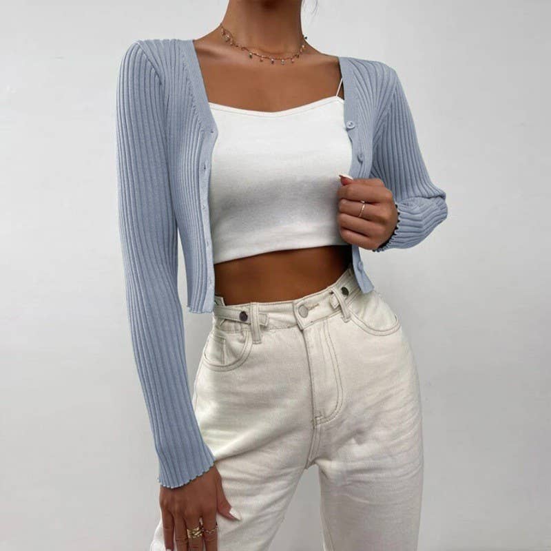 V-NECK PIT STRIP SINGLE BREASTED SHORT CARDIGAN