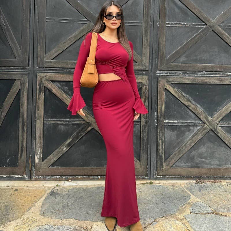 SOLID COLOR LONG SLEEVE SEXY LONG SKIRT DRESS