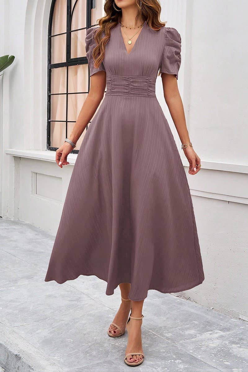 CWDMD5340_V-NECK ELEGANT SOLID COLOR HIGH WAIST DRESS