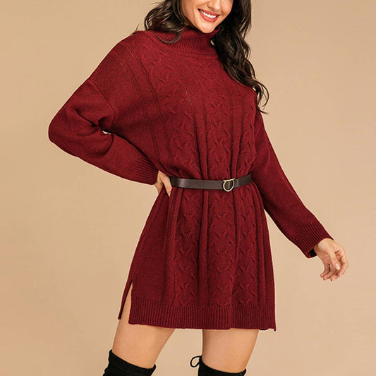 LONG-SLEEVED TWIST TURTLENECK SWEATER DRESS
