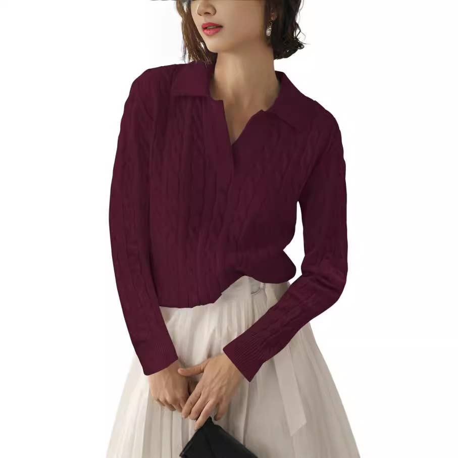 LAPEL V-NECK FLORAL KNIT PULLOVER CASUAL SWEATER