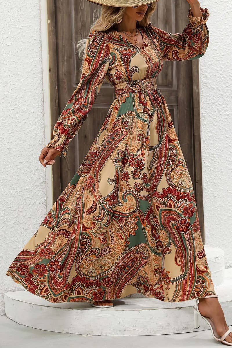 CWDMD4100_PRINTED V-NECK LONG-SLEEVED SWING DRESS