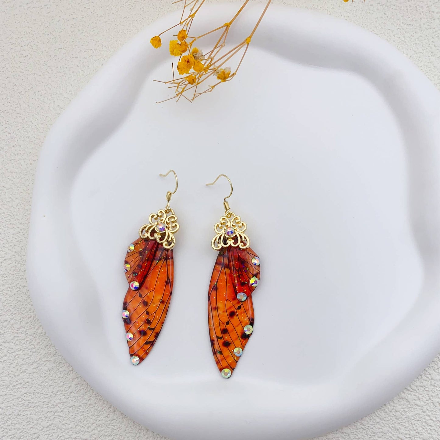 Elegant long earrings with cicada wing wings