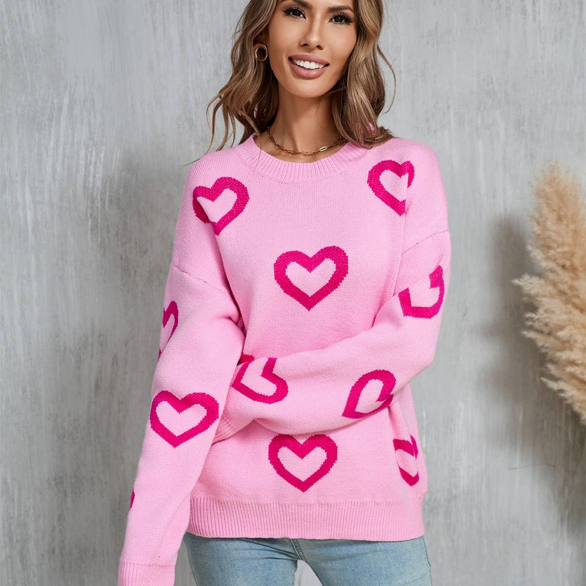 Jacquard love crewneck pullover sweater