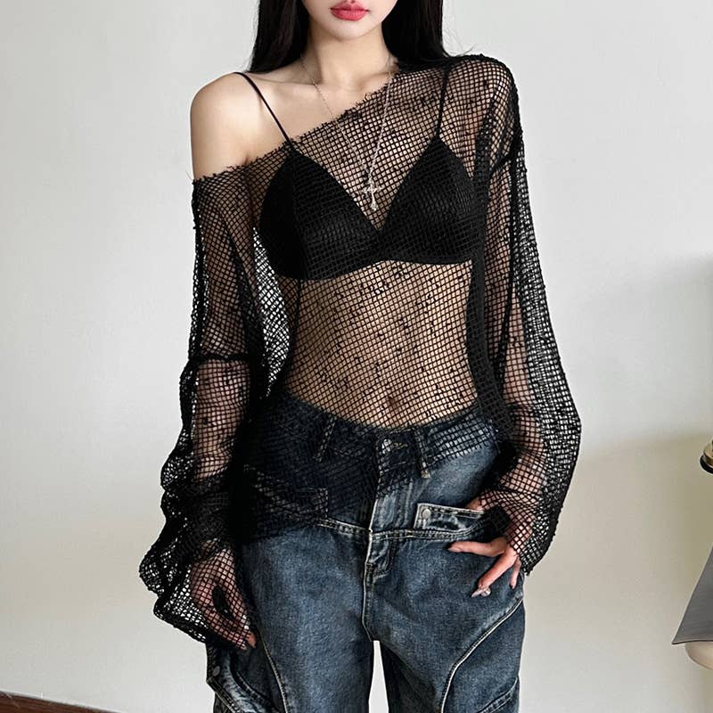 Sheer One Shoulder Mesh Long Sleeve Top